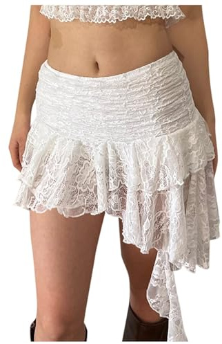 Falda de encaje de cintura alta con dobladillo ondulado irregular para mujer, estilo ballet, color liso, 2025, blanco, M