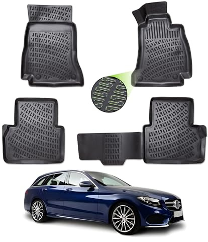 Heavy-Duty TPE Rubber Floor Mats for Mercedes C Class Estate S205 2014-2021 - Waterproof Non-Slip Vehicle Mats with OEM Fixing Clips - Compatible with Mercedes C Class Estate S205 2014-2021 - Set of 4