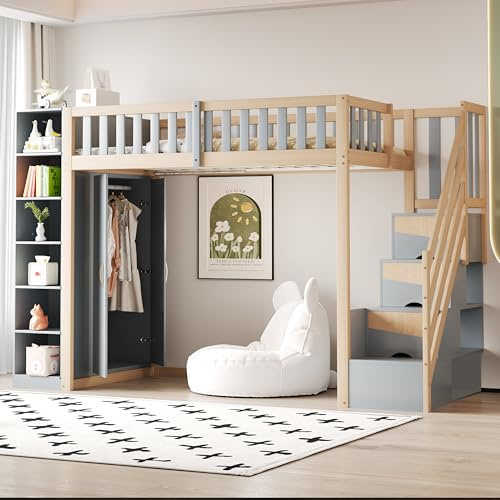 ZYLOYAL10 Multifunktionales Hochbett 90x200cm mit Regalen, Stauschrank und großem Kleiderschrank, Sicherheitsleiter mit Ablagefächern (Grau + Rohholzfarben)