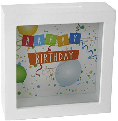wunderschöne Spardose Happy Birthday aus Holz/weiß zum Hängen oder Stellen
