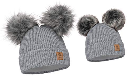ELIMELI Eltern-Kind Mütze Mädchen Warme Wintermütze für Mutter und Tochter Mütze Damen Winter mit Zwei Bommeln Slouch Strick Beanie Damen Bommelmütze Kinder Mama und Baby Cap Set 3