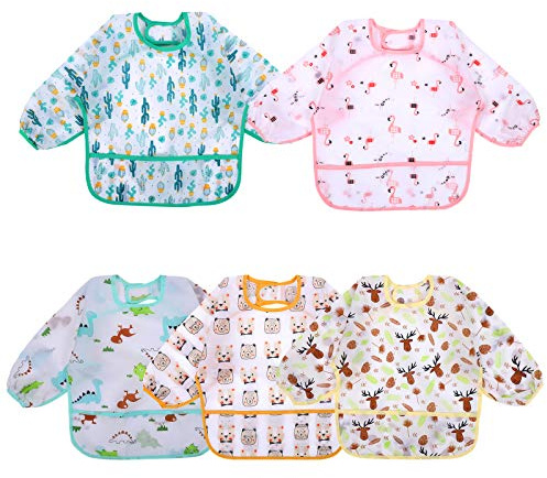 Accmor 5 Pack Long Sleeve Bibs, Baby Smock Waterproof Sleeved Bib Smock for Baby Toddler 6-24 Months