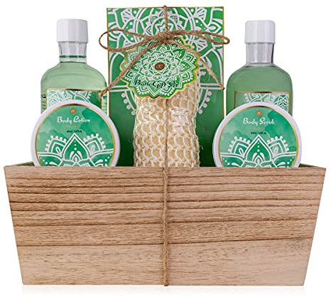 Accentra – Duschset Frauen Geschenkset ALOE VERA im Holzkorb – 6-teiliges Pflegeset mit Duschgel, Schaumbad, Badesalz, Bodylotion uvm – Wellness Geschenk Set zum Geburtstag, Valentinstag & Weihnachten