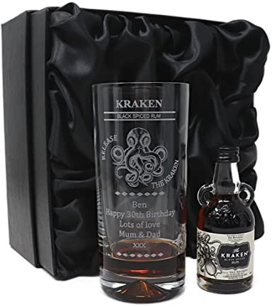 Regalo Personalised Engraved Dimple Highball Glass & Spiced Rum Miniature Gift Set | Custom Laser Engraved Octopus & Sea Monster Design | Gift for Him & Her | 18+ (Silk Lined Gift Box)
