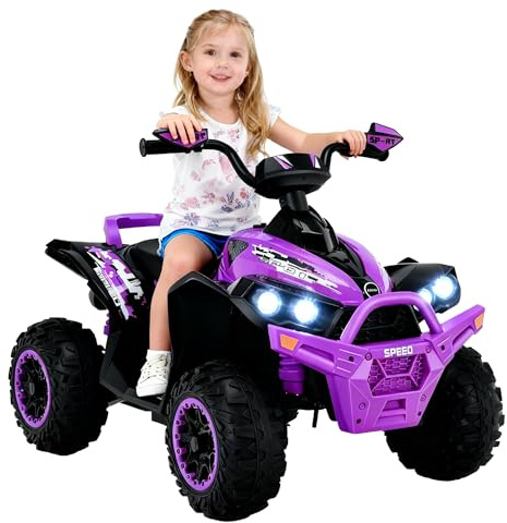 OLAKIDS Ride On ATV, 12V Kids 4 Wheeler Battery Powered Toy Electric Quad for Toddlers with LED Lights, Music, Horn, High Low Speed, Soft Start (Purple)