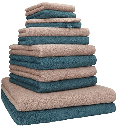 Betz Handtuch Set 12-teilig – 2 Duschtücher 70×140 cm, 4 Handtücher 50×100 cm, 2 Gästetücher 30×50 cm, 2 Seiftücher 30×30 cm & 2 Waschhandschuhe, 100% Baumwolle Oeko-TEX® Cappuccino/taubenblau Berlin