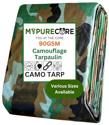 MYPURECORE Camouflage Tarpaulin – Multi-Use Tarp Sheet for Camping, Fishing, Bird Watching & Garden – Waterproof, UV Protective Cover for Rain Shelter, Groundsheet, Tent & Trailer (3m x 3m)