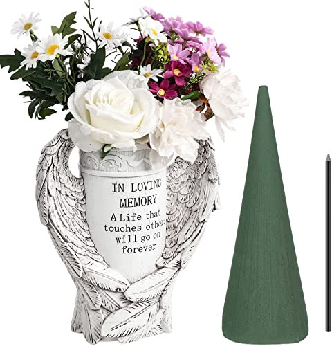 2 Stück Grabdekorationen für Friedhof, Engelsflügel, Statuen, Friedhofsvase mit Metallspießen, Kegel, Schaumharz, Friedhof, Kondolenz, Geschenke für den Verlust eines geliebten Menschen