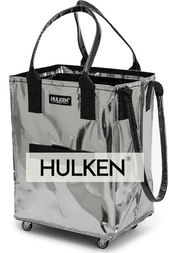 HULKEN (Medium, Silver) Reusable Grocery Bag On Wheels, Shopping Trolley, Rolling Tote, Zipper Closure, Lightweight, Carries Up to 66 lb, Folds Flat, Unbreakable Handles