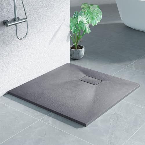 Heilmetz SMC Duschwanne 90 x 90 cm flache 2,6 cm, Steinoptik Grau | Pflegeleichte SMC Duschtasse mit rutschhemmender Steinoptik, 2,6 cm Höhe und 90 mm Ablauföffnung für flexible Montage