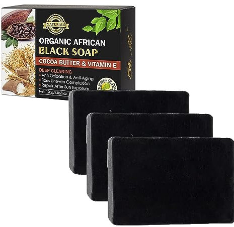 Afrikanische schwarze Seife, Kakaobutter mit Vitamin E, Seife zur Entfernung von Akne und dunklen Flecken, natürliche Gesichtsseife, tief reinigende schwarze Seife, ölkontrollierende Seife für alle Ha