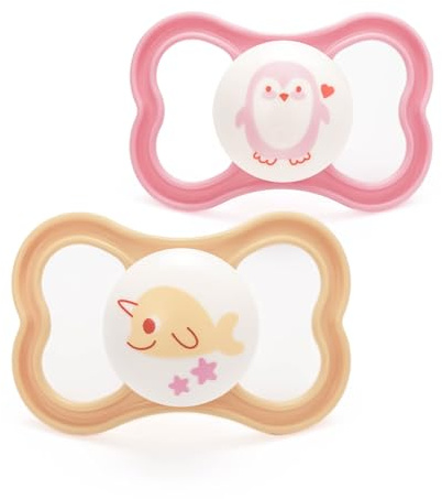 MAM Perfect Dummies, 18-36M, 2 Pack, Orthodontic Design, PeachCream | Flat, thin teat, Comes in Dummy Steriliser Box, Sustainable Materials, Baby Accessories (Designs Vary)