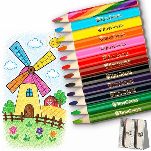TinyGeeks Matite Colorate Jumbo - NUOVO -12 Matite Colorate per Bambini e Matita Arcobaleno Extra + Temperamatite + Perfetto per i giovani scolari + Raccomandato dagli Insegnanti