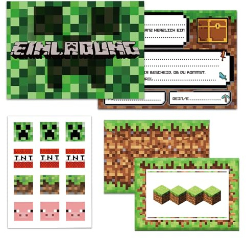 Byhsoep 12x Einladungskarten Kindergeburtstag mit 12 Umschlag,12 Aufkleber,Gamer Pixelmotiv Deutsch Einladungskarten für Einladungen zum Kindergeburtstag