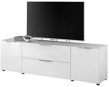SANTORIN TV-Lowboard Weiß, TV-Schrank für Fernseher bis 65 Zoll | 180 x 55 x 40 cm (B/H/T), Wohnzimmer, Front und Oberboden in Glas, mit viel Stauraum, moderner TV-Unterschrank