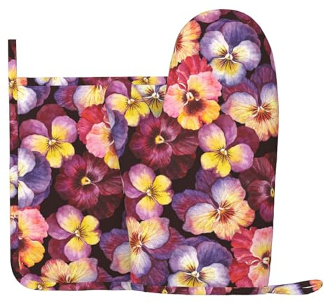 Flores de Pensamiento de Acuarela, Juego de Manoplas y agarraderas para Horno, Guantes de Horno de Silicona Antideslizantes Resistentes al Calor