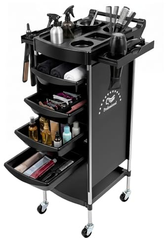 Carro profesional para salón de belleza, 6 niveles, 5 cajones, plegable, carrito de maquillaje (negro)