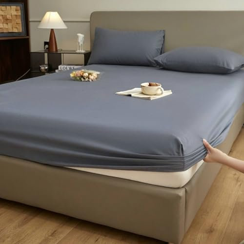 Ayoiow Spannbetttücher 220x200cm, Spannbettlaken Baumwolle Einfarbige Farbe Spannbettlaken Blaugrau