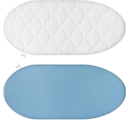 PillowPrim Baby-Matratze Kinderwagen, Wiege, Stubenwagen - Anti-Erstickung Weich Baby Kinderbettmatratze - geprüft nach Oeko-Tex - Bezug 100% Baumwolle abnehmbar & waschbar - 78x34x3 cm oval, Blau