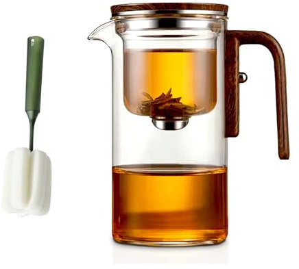 UERSUR Théière Magique Enchantipot à Thé Enchanti avec Broyeur, Verre Borosilicate, Poignée en Bois, 720 ml, Transparent