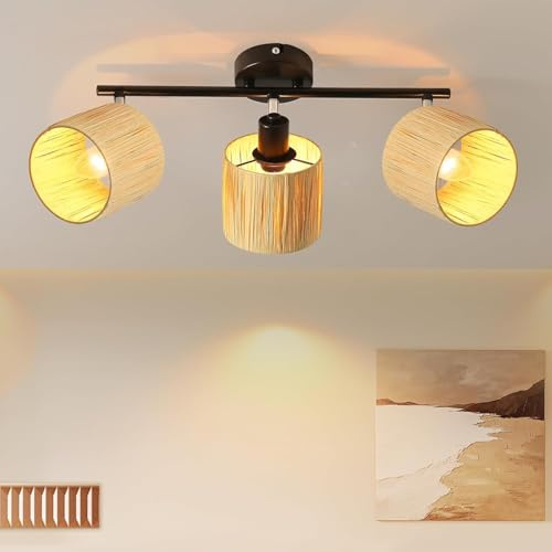 Deboola Deckenstrahler 3-flammig Boho Deckenleuchte mit | Papier-Lampenschirmen E14 Fassung schwenkbar drehbar Deckenlampe in Schwarz/Natur für Flur Wohnzimmer Schlafzimmer Küche