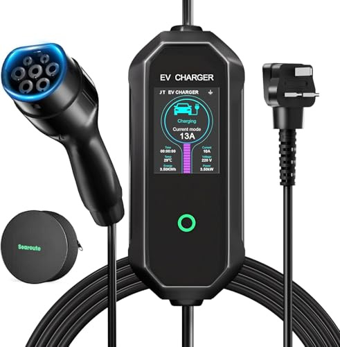 EV Charger Cable Type 2 to 3 Pin Plug, 7M 3.5KW Portable Electric Car Charger, 6A/8A/10A/13A Adjustable 12H Schedule Charging, Type 2 Charging Cable with Carry Bag, 2.8 LED Dsiplay