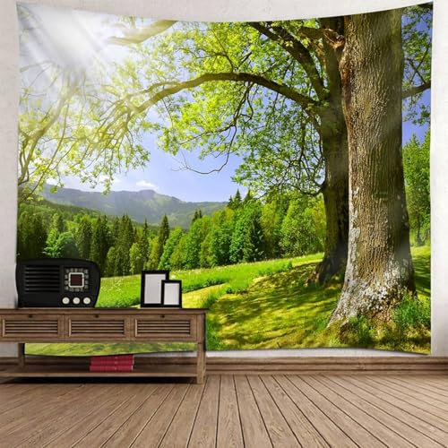 Musihy Begrünung Wandbehang Wandteppich | Polyester Bäume Sonnenschein Wandbehang Dekoration für Wohnzimmer Schlafzimmer & Schlafsaal | Grün, 350x256cm