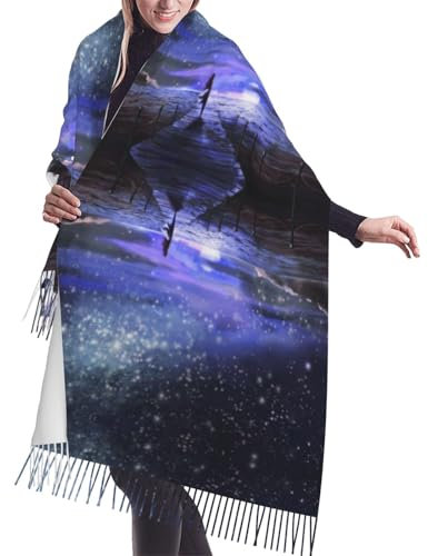 ESNAIUVCD Damenschal mit Sternen-Aufdruck, modischer trendiger Winter-Schal, groß, warm, Kaschmir-Quastenschal, Schwarz , One size