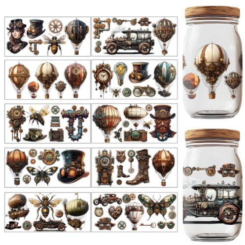 GOMAKERER 10 hojas estilo steampunk UV DTF Cup Wraps, calcomanías estéticas de transferencia de vinilo antiguo, calcomanías de transferencia UV para tazas de vidrio de 16 onzas, tazas de té de leche