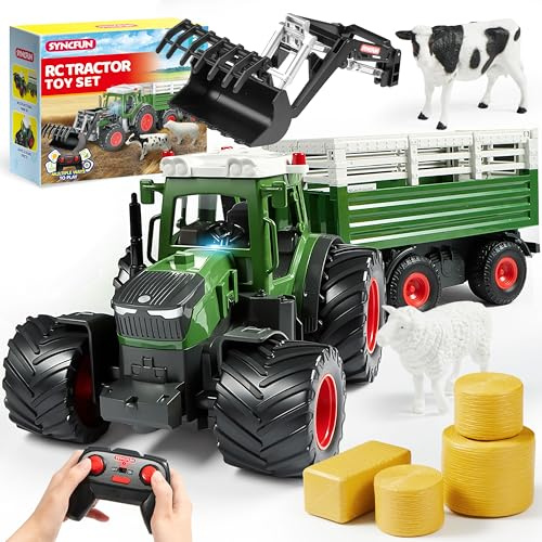 SYNCFUN Tractor de Juguete a Control Remoto vehículo agrícola Grande con Remolque, Cargador, Luces y Sonidos