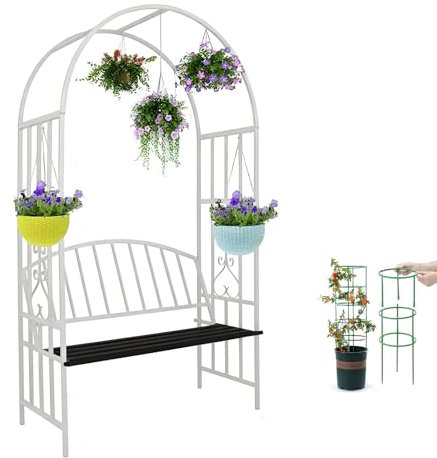 Sturdy Garden Arch Heavy Duty Metal Arbor Archway for Climbing Plant With Seat Bench, Rustproof Pergola Trellis, Outdoor Steel Wedding Lawn Backyard Decoration, Free Plant Stand(White)