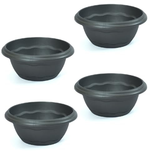pcmoviles – Pack de 4 Macetas Bajas de Centro de 26 cm con Plato | Macetas de Plástico Resistentes para Cactus y Suculentas | Maceta Redonda con Plato Incluido Color Antracita