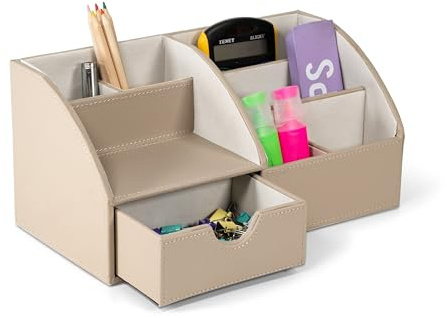 OSCO Schreibtisch-Organizer aus hellem Taupe aus Kunstleder mit Schublade | Schreibtisch-Organizer | Stifthalter | Make-up-Behälter | Stifteaufbewahrung | 8 Fächer | Schreibwaren-Caddy | H14 x B29 x