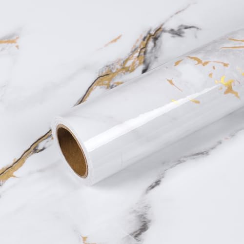 VEELIKE Vinilo Marmol Blanco y Dorado Moderno Brillante Papel Pintado Mármol Oro Blanco Grueso Vinilo Encimera Cocina Parte Trasera Papel Pintado Pared Baño Comedor Lavable Extraíble 40 cm x 300 cm