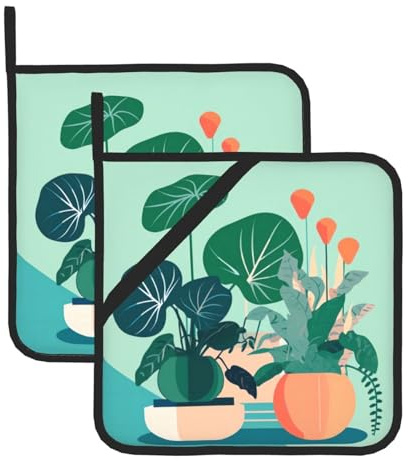 Set di presine da interni con stampa di piante verdi in vaso in stile cartone animato – presine resistenti al calore, guanti da forno da cucina per forno, barbecue e forno a microonde
