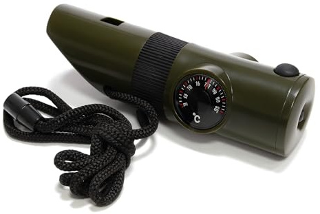PARENCE – bussola multifunzione 6-in-1 con termometro, LED, lente d'ingrandire, fischietto e specchio – strumento compatto per la sopravvivenza con filo – Army Green – batteria inclusa