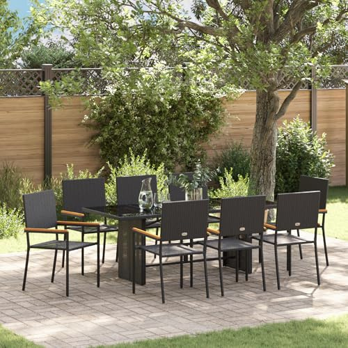 IBUQDDV 9-teiliges Gartenset Schwarz Poly Rattan mit Glasplatte für Terrasse Balkon Garten, 8 Personen Essgruppe Outdoor Möbel Set für Zusammenkünfte, Langlebiges Design
