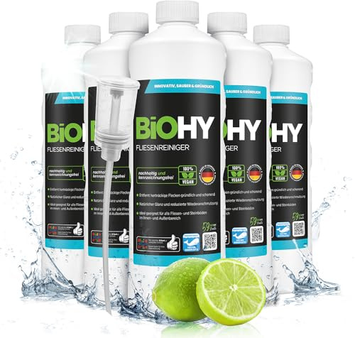 BiOHY Fliesenreiniger (6x1l Flasche) + Dosierer | speziell entwickelt für Stein- & Fliesenböden | hinterlässt eine schmutzabweisende Glanzschicht | entfernt jegliche Art von Schmutz mühelos