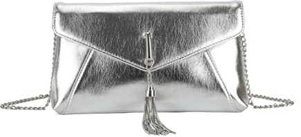 LeahWard Metallic Clutch Purse with Gold Chain, Large Soft Faux Leather Clutch Bag, Bag For Wedding, Prom, Party (Silver Clutch)