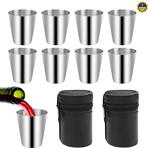 LuluDa 8pcs Vasos de Chupito de Acero Inoxidable, Vaso de Metal Apilable y Portátil con Funda de Cuero, Vasos de Camping para al Aire Libre Acampar Senderismo