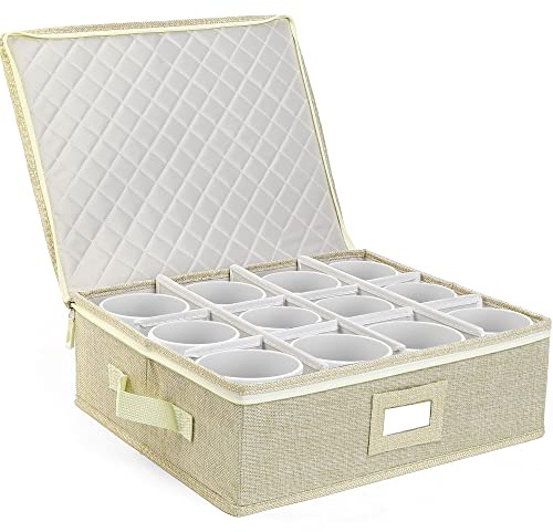 LotFancy Tasse und Becher Aufbewahrungsbox, Hartschale, China Kaffeebecher Aufbewahrungsbehälter für Umzug, hält 12 Teetassen, mit Trennwänden & Griffen, Beige