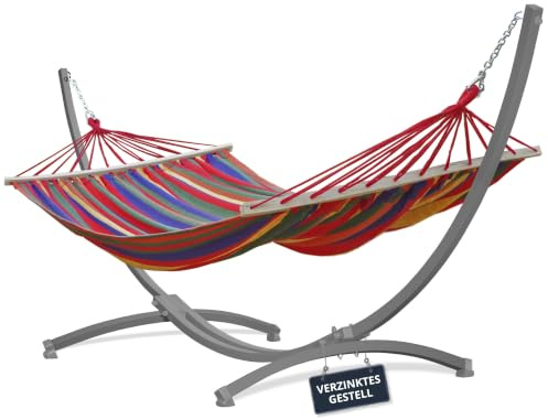 Potenza Outdoor Hängematte mit Gestell für 2 Personen I Stabhängematte XXL 220x160, 200kg I Verzinkter Hängemattengestell 220kg Wetterfest (Rot, Gestell Grau)