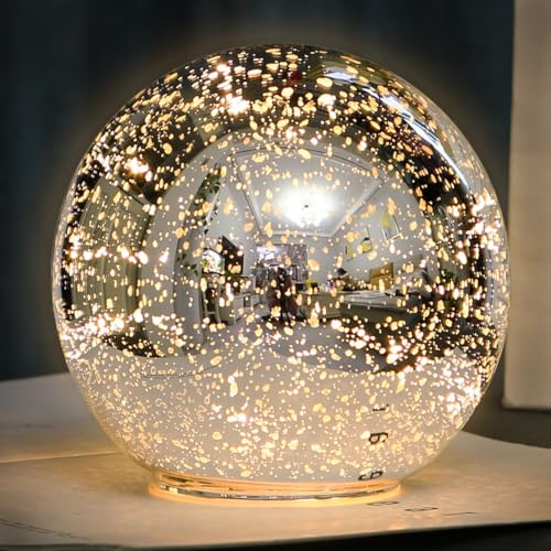 Lighted Mercury Glass Ball Table Lamp, Silver Cordless Glass Orb Christmas Decor Ball Led Light Globe, Modern Light Up Battery Operated Sphere Night Light for Home Bedroom Indoor Decor, Middle
