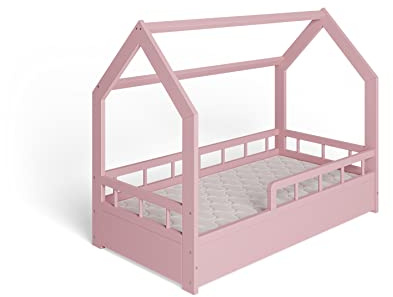 ms factory Hausbett Kinderbett 70x140 cm mit Rausfallschutz und Lattenrost - Einzelbett aus Kiefernholz für Mädchen und Junge - Rosa