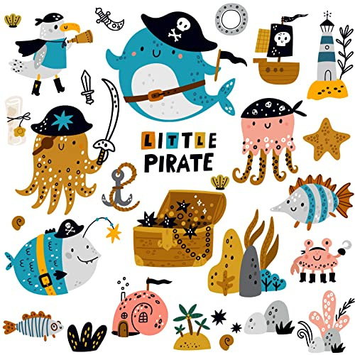 WandSticker4U®- Wandtattoo PIRATEN Kinderzimmer (70x52 cm) I Meereswelt Wandsticker Schatztruhe Deko I Wanddeko für Badezimmer & Kinderzimmer Junge Mädchen Unterwasser Welt Aufkleber Bad