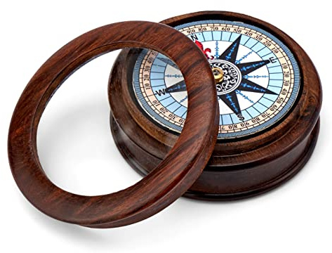 NKlaus Maritim 8,5cm Kompass aus Naturholz mit Glas im Deckel 3,5cm hoch Taschenkompass 11667