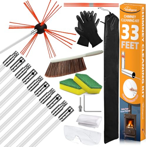 Sealegend 33 Feet Chimney Sweep Kit 10 Flexible Rods for Fireplace Cleaning | Helps Prevent Chimney Fires with Powerful Creosote Removal Kit