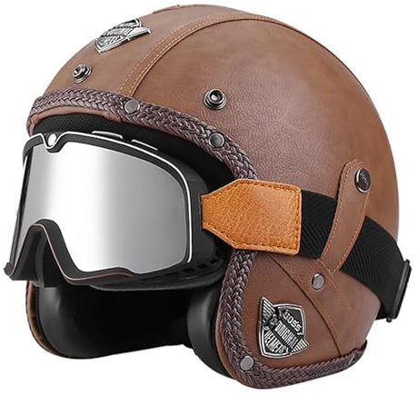 EBAYIN Motorradhelm, Halbhelm Retro Harley Lederhelm Mofa-Helm Motorradhelm 3/4-Helm Jethelm Vintage-Pilotenhelm ECE Zertifiziert Cruiser Chopper Roller mit Schutzbrille,O-XL=(61~62cm)