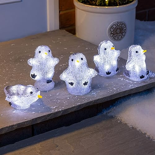 CHRISTOW Mini Acrylic Penguin Lights, Set of 5, White LEDs | 5 Acrylic Penguin Christmas Decorations, 30 LEDs, Battery Powered with Timer, Indoor & Outdoor Use, Weatherproof Battery Pack