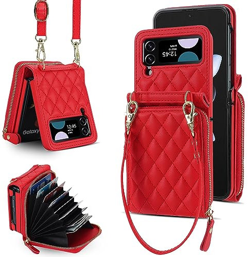 XIZYO Fermeture à Glissière Paquet de Cartes Flip PU Cuir Coque pour Samsung Galaxy Z Flip 3, avec Lanière Amovible et Réglable, Housse Filles Femmes Mignon Luxe avec Porte-Cartes, Rouge